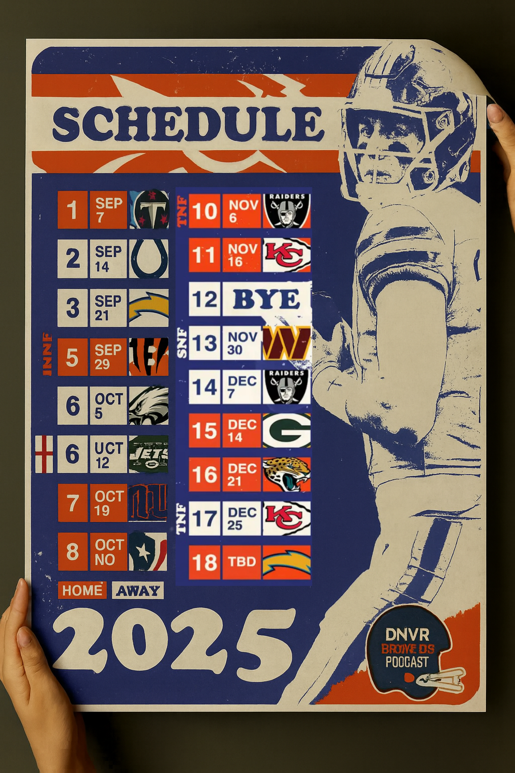 Denver Broncos 2025 Football Schedule Poster 16.5in x 20.5in
