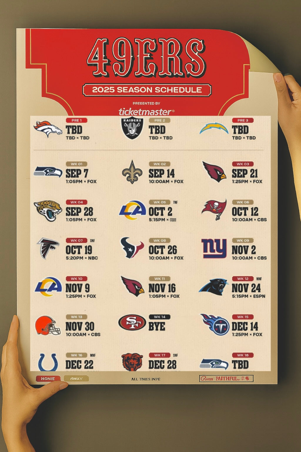 San Francisco 49ers 2025 Football Schedule Poster 16.5in x 20.5in