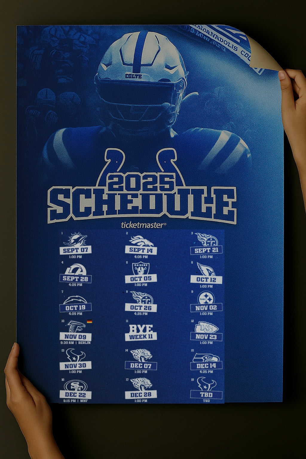 Indianapolis Colts 2025 Football Schedule Poster 16.5in x 20.5in
