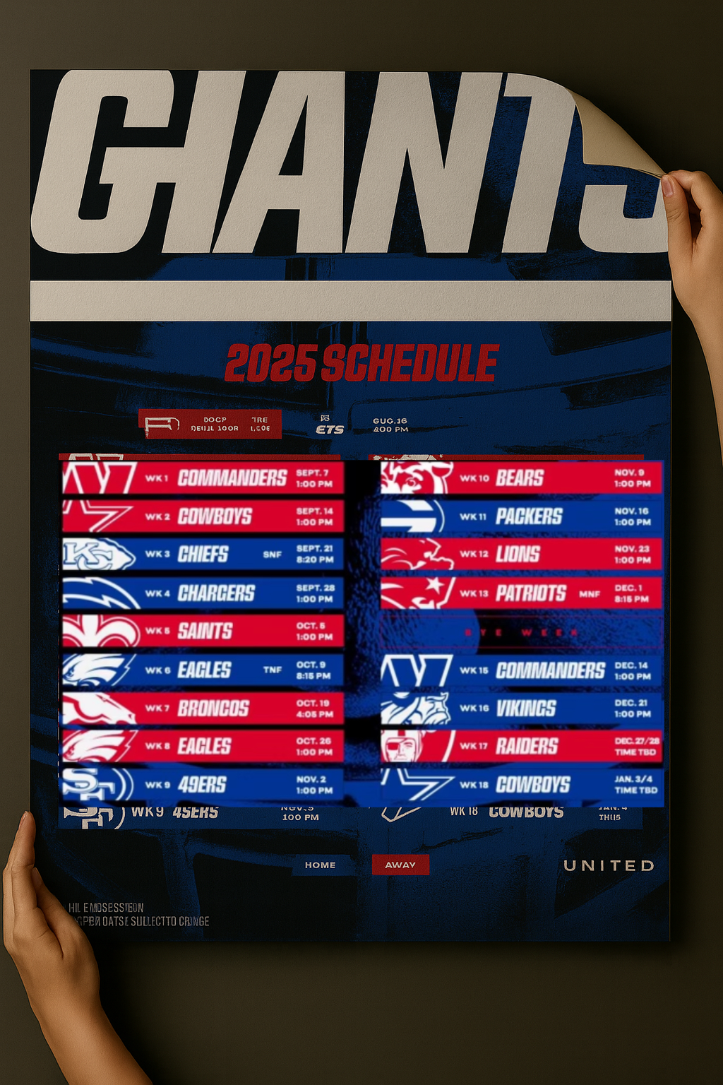 New York Giants 2025 Football Schedule Poster 16.5in x 20.5in