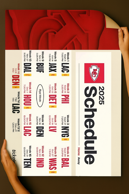 2025 Kansas City Chiefs Football Schedule Poster 16.5in x 20.5in