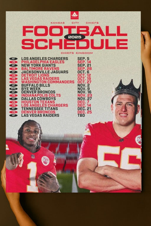 Kansas City Chiefs 2025 Football Schedule Poster 16.5in x 20.5in Chiefs