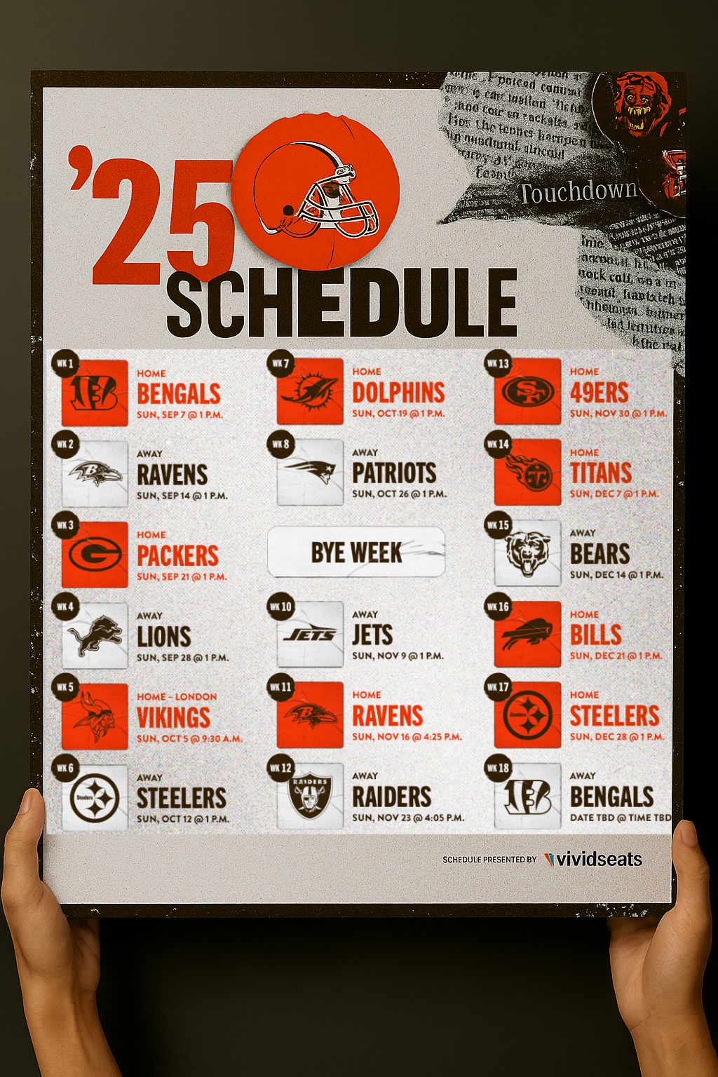 Cleveland Browns 2025 Football Schedule Poster 16.5in x 20.5in